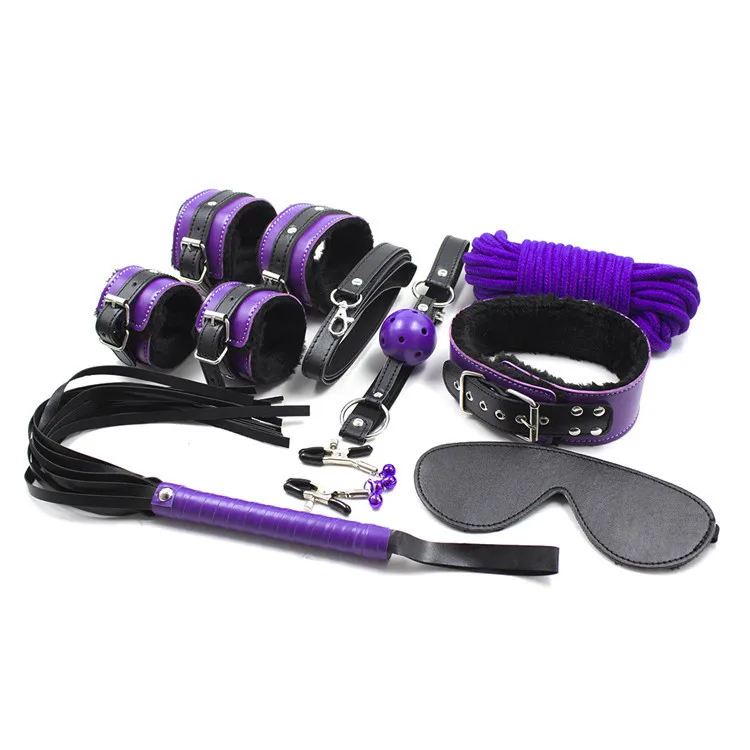 Purple Sex Bondage Toys 8pcs Set Pu Leather Sexy Product Set Whip Handcuffs Rope Ball Gag