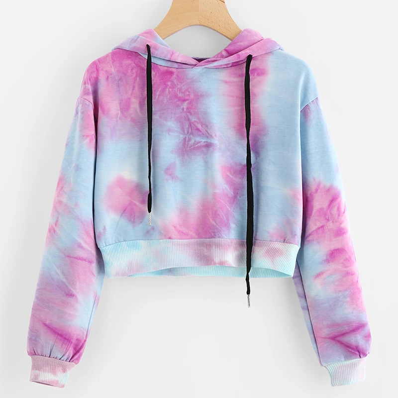  Water Color Crop Hoodies Multicolor Casual Women Drawstring Hooded Sweatshirt Autumn Tie Dye Long S