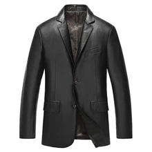 Мужская кожаная куртка из овчины с 2 пуговицами в английском стиле, модные мужские блейзеры, черная однотонная мотоциклетная куртка