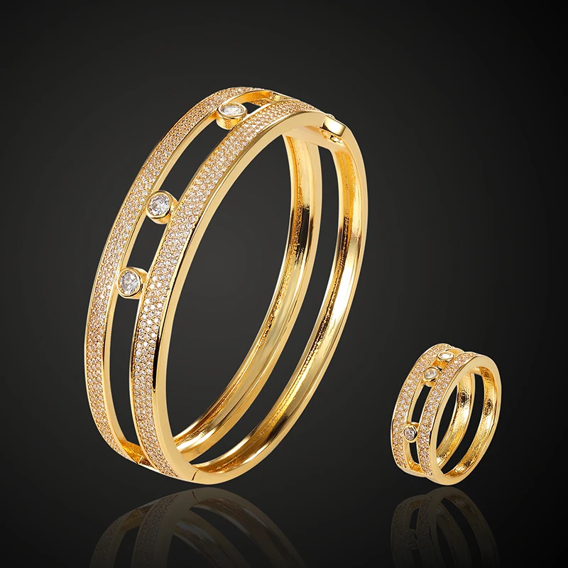 

Lanyika Jewelry Set Luxury Simple Lines Full Zircon Micro Paved Bangle with Ring for Daily Party Anniversary Popular Best Gifts