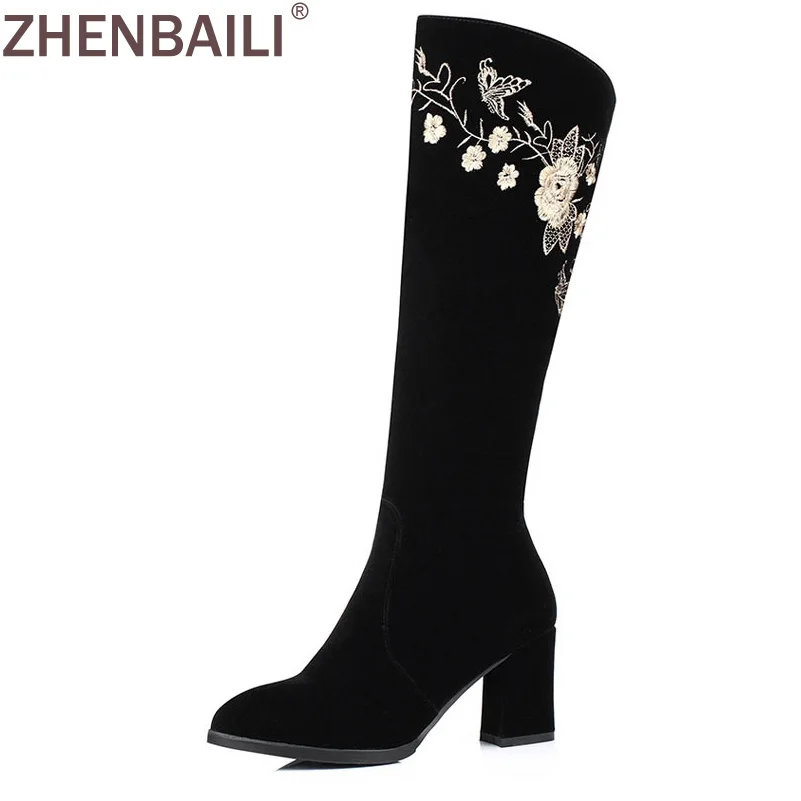

Black Embroider Knee High Boots 2017 Autumn Winter Fashion Flock Square High Heel Women Boots Warm Zipper Lady Snow Boots