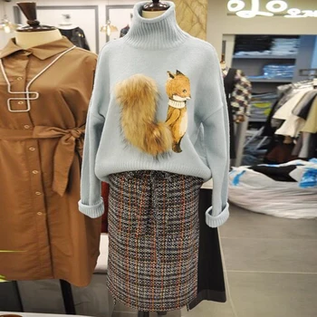 

Women Autumn Fashion Turtleneck Sweater Lady Cartoon Hair Stitching Long Sleeved 2019 Fall Pullover Knit Coat Students Top