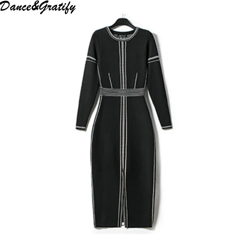 

Dance&Gratify New Autumn Winter Ladies Casual Knittiing Sweater Dresses Women Long Sleeve Split Slim Bodycon Party Dresses