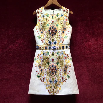 

High Quality Women's Designer Runway European New Vintage Printing Heavy Diamonds Sleeveless Jacquard Dress