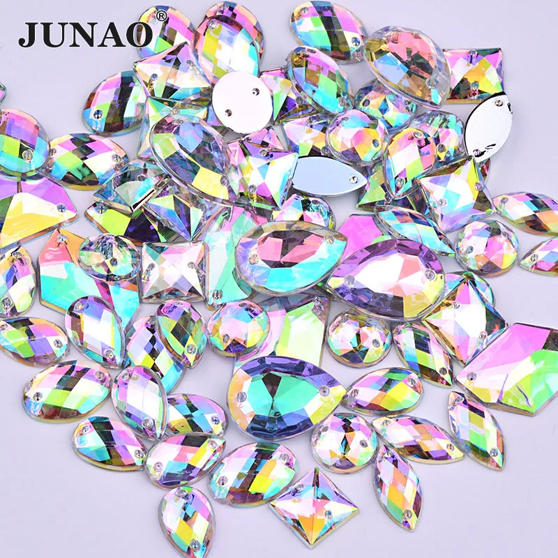 

JUNAO Mix Size Sew On Rhinestone Stones For Wedding Clothes AB Flat Back Sewing Crystal Strass Acrylic Crafts Decor Gem Applique