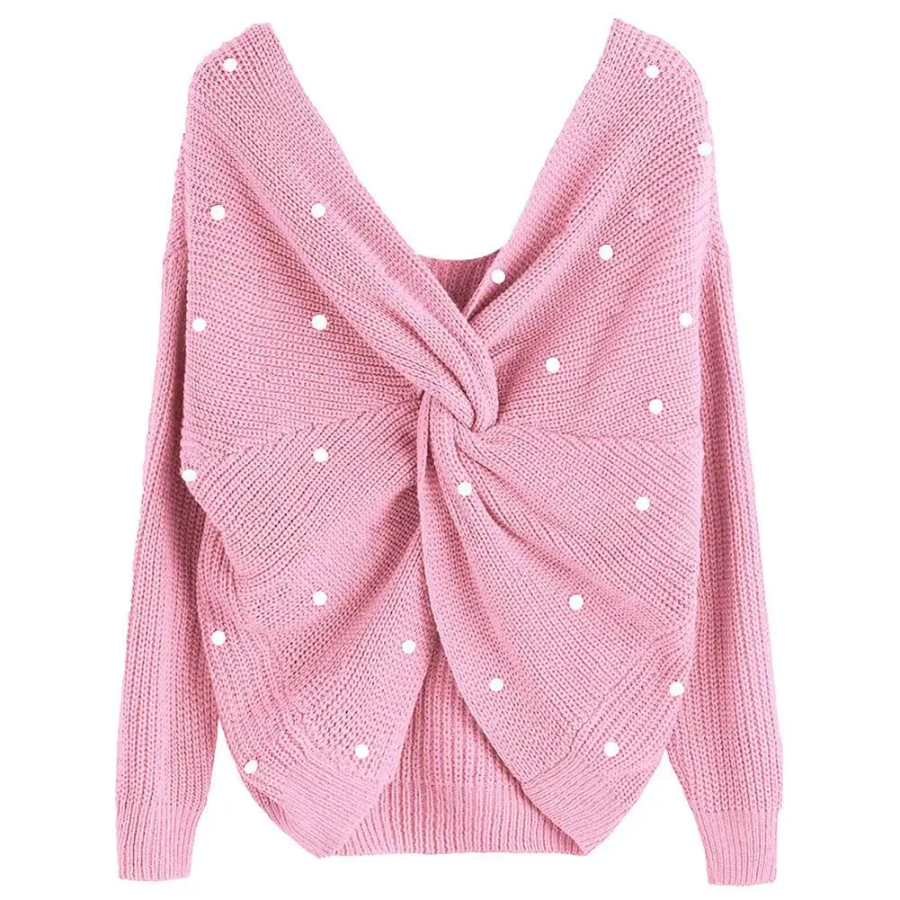 

Women Backless Faux Pearl Beading Twisted Long Sleeve Sweater Solid Color Jumper