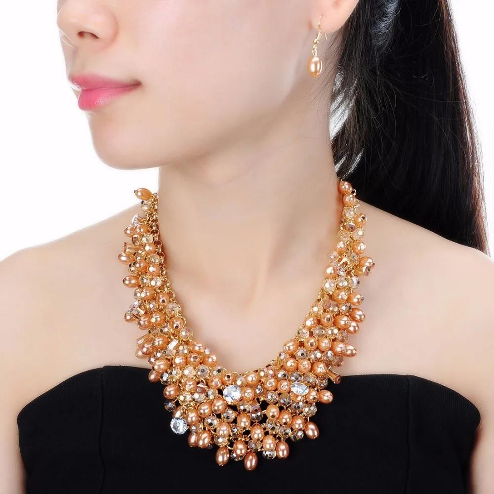 

JEROLLIN Fashion Jewelry Set Pearl Chain 3 Colors Stone Crystal Pearl Pendant Bib Necklace Earrings for Women
