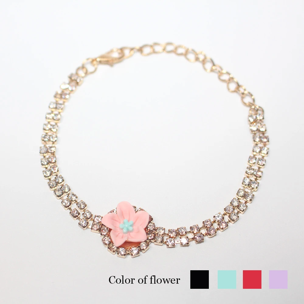 

New Trendy 5 Colors Flower Charm Bracelets Shiny Rhinestone Gold Color Zinc Alloy Link Chain Bangle Bracelet Women Girl Jewelry