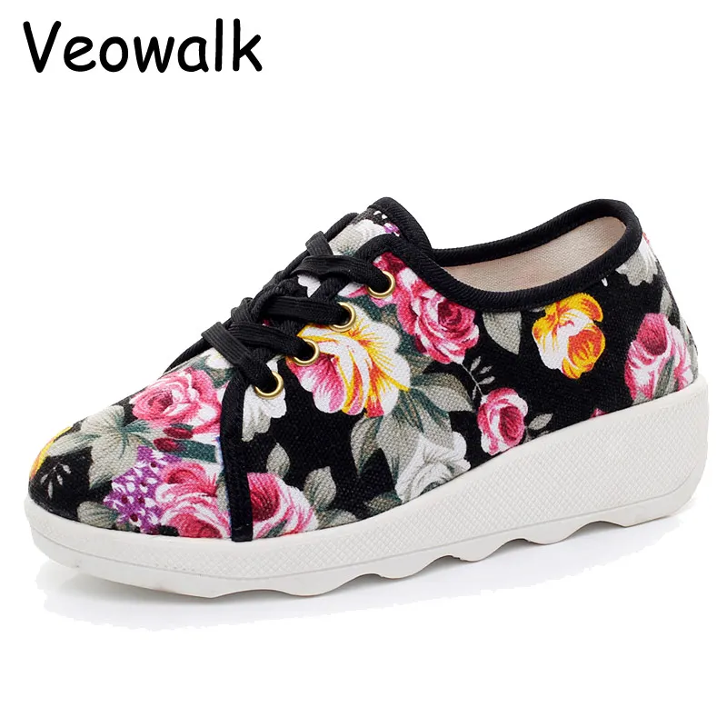 

Veowalk Fashion Women's Floral Lace-up Canvas Platforms Shoes Low Top Ladies Casual Cotton Fabric Flats Zapatos Mujer 3 Colors