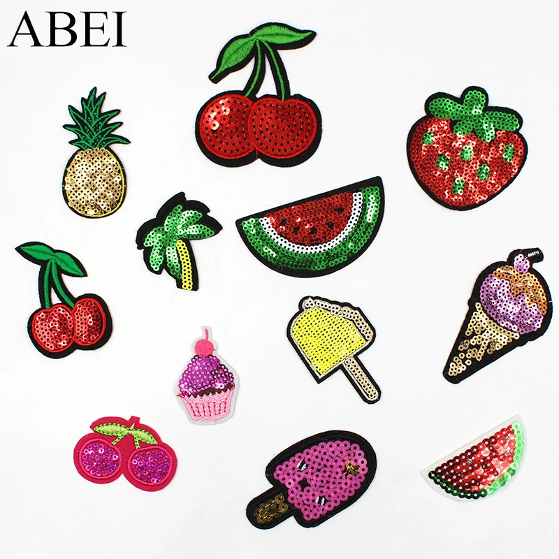 

12pcs/lot Mix Sequined Fruits Patches Iron On Ice Cream Stickers for bags DIY Jeans Sweaters Applique Handmade Sewing Patchwork