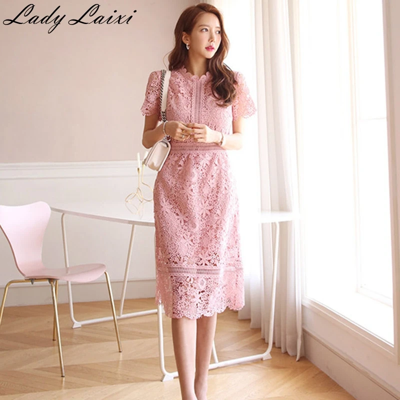 

Solid Color Elegant Office Dress 2019 Summer Women's Hollow out Lace Dress Sexy Short Sleeves Party Dress slim work Vestidos