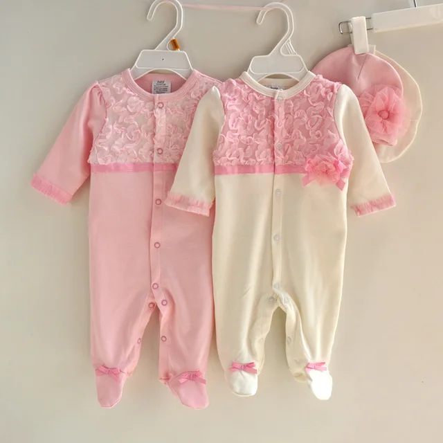 New 2015 Autumn Cotton Lace Pattern Newborn Rompershats 2pcs Baby