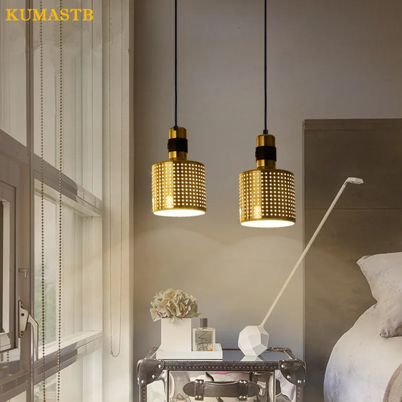 

Creative Restaurant Bar Small Metal Light Fixture Bedroom Bedside Hanging Lamp Nordic Designer Gold Hollow Pendant Lamp