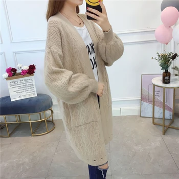 

Women Long Cardigan Thicken Long Lantern Sleeve Fashion Coat Winter Ladies Elastic Pocket Warm Sweaters Cardigan AA11933