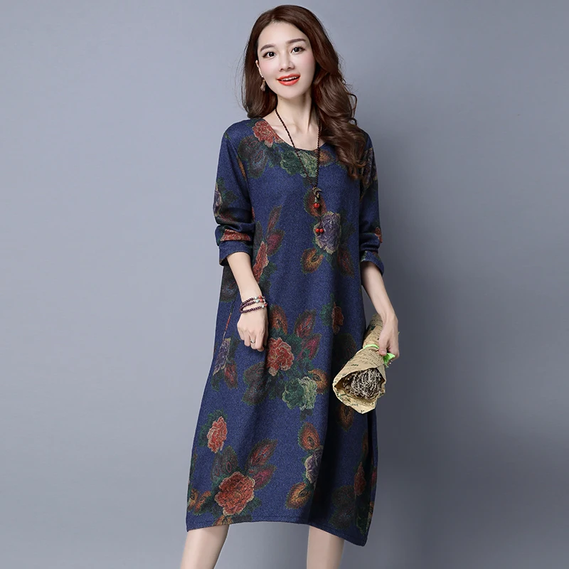 

Cashmere Lining Oversized Warm Wool Jumper Dress 2018 Winter Fashion Long Sleeve O-Neck Flower Print Tunic Dress Pullover