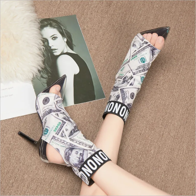 Damen High Rutschen Pvc Schuhe Heels Frauen Stretch Stiefel Kleid Booties Design Party Drucke Mode Sexy Ankle Dollar Mehrfach Auf Klar 4PvAnaA