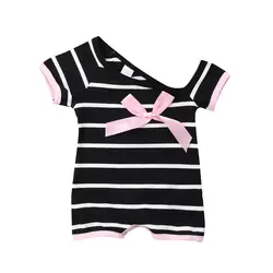 Летние новорожденных для маленьких девочек Комбинезон с открытыми плечами комбинезон Stripd одежда Комплекты одежды с коротким рукавом