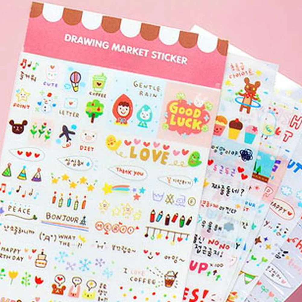 6pcs Stickers Book Decoration Accessory Cute Drawing Market Diary Transparent Scrapbooking Calendar Album Deco Sticker