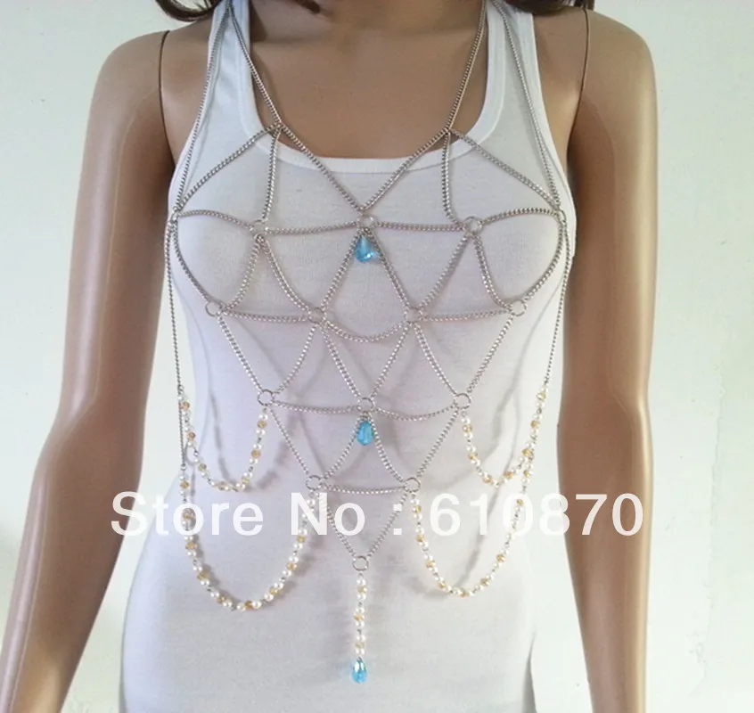 New Design Fashion Women necklace rhinestone pearl body chain jewelry