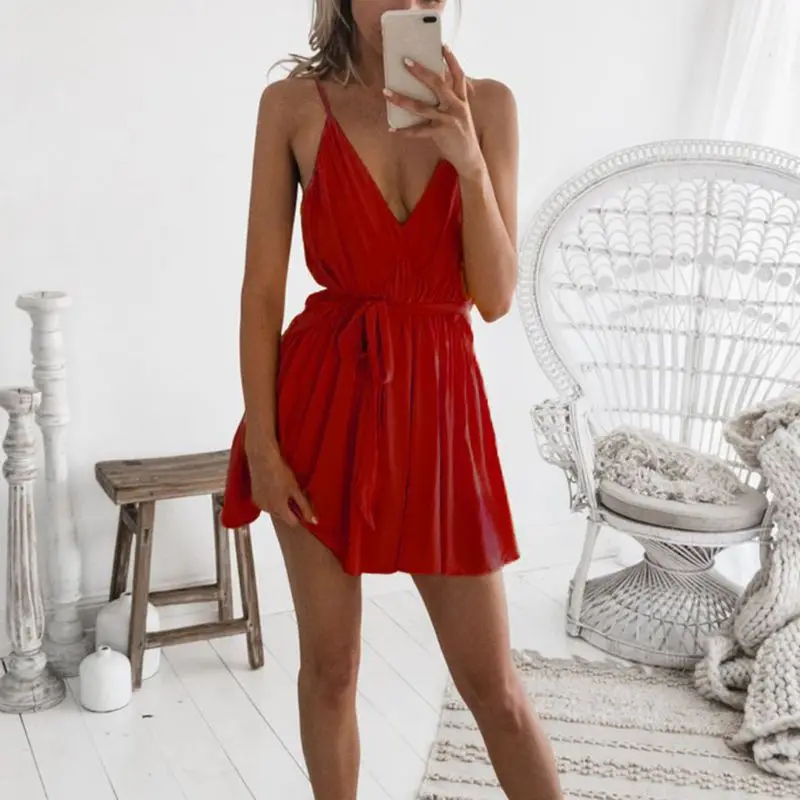 

Women Ladies Spaghetti Strap Strappy V Neck Summer Beach Holiday Pleated Belted Swing Short Mini Dress