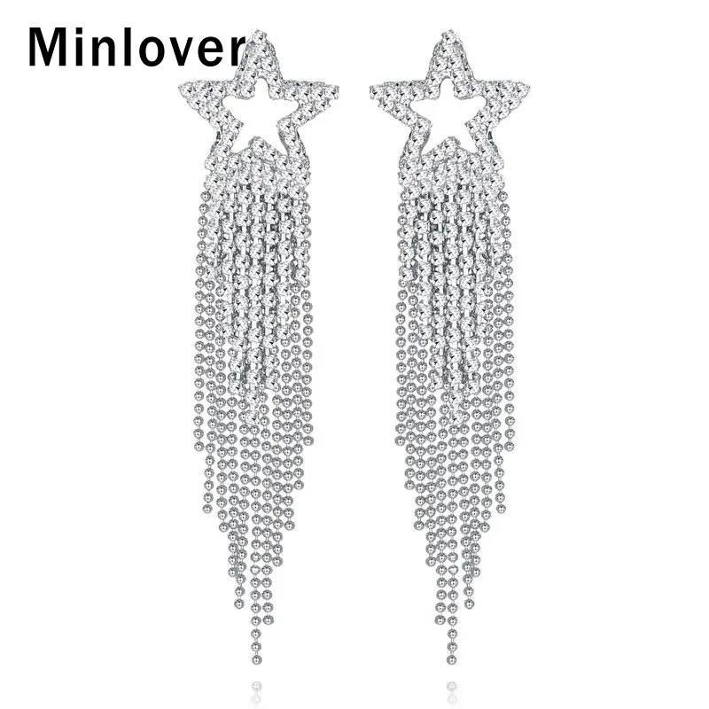 Minlover серебряный цвет Висячие серьги для женщин кристалл в форме звезды богемные невесты серьги с ниспадающими кисточками Свадебные ювелирные изделия MEH1444