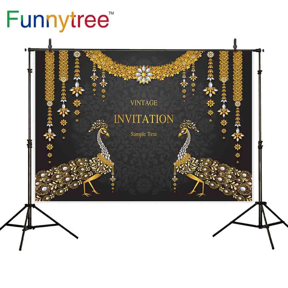 Фон Funnytree для фотостудии Свадебное приглашение золотой узор Павлин индийский фон