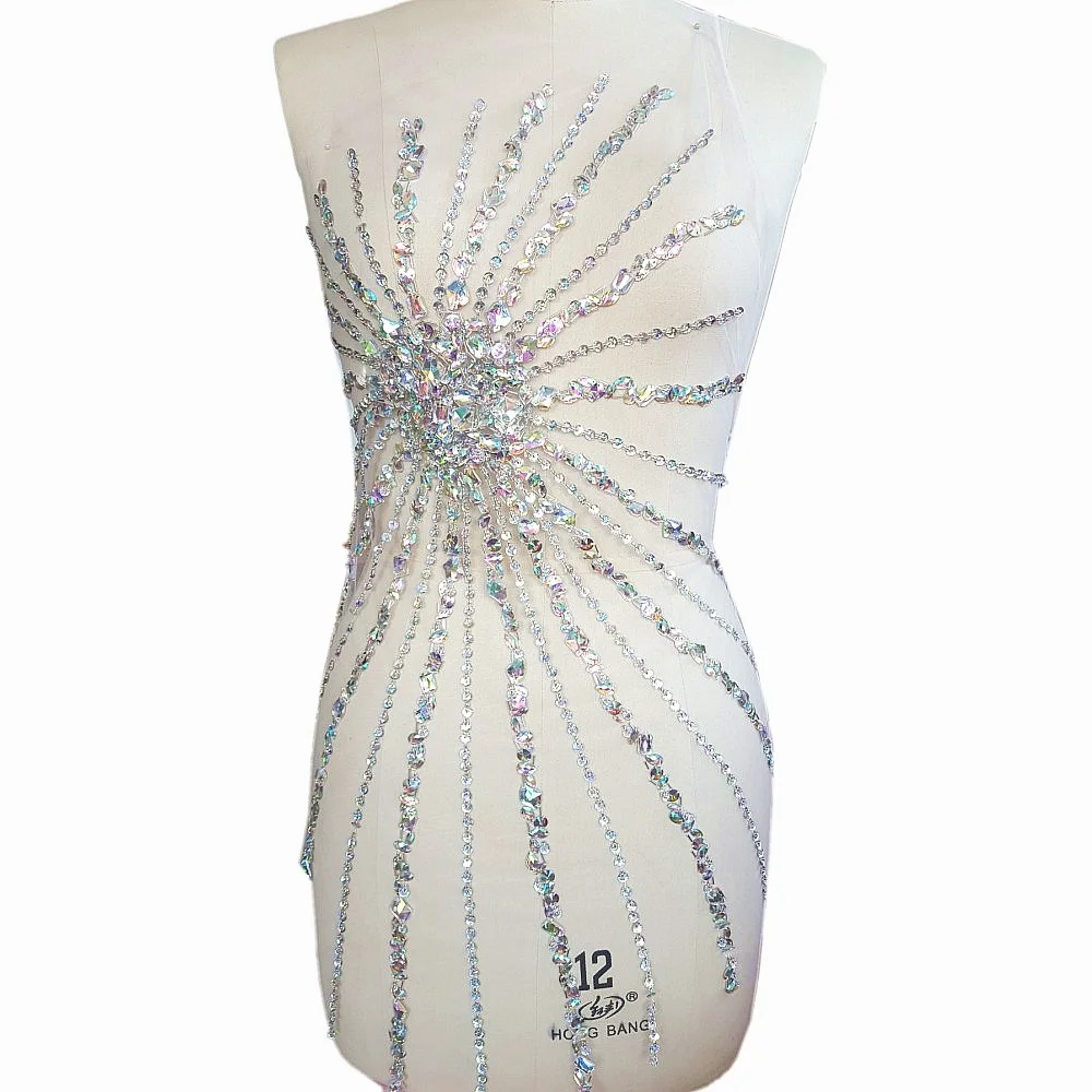 

Unique Handmade AB Crystal Big Patches Sew on Rhinestones Applique Design Sewing DIY For Evening Dress 36x75cm Accessories