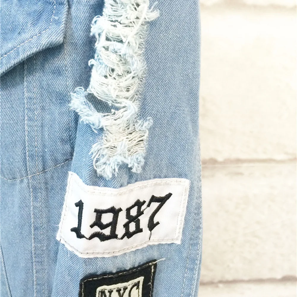 New  Ripped Denim jacket for women Where is my mind Korea retro embroidery letter patch bomber jacket Bl