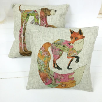 

Car-covers Store Dog and Fox Cojines 45cmX45cm Square Linen Fabric Home Decoration Sofa Car Chair Seat Decor Throw Pillow Cases