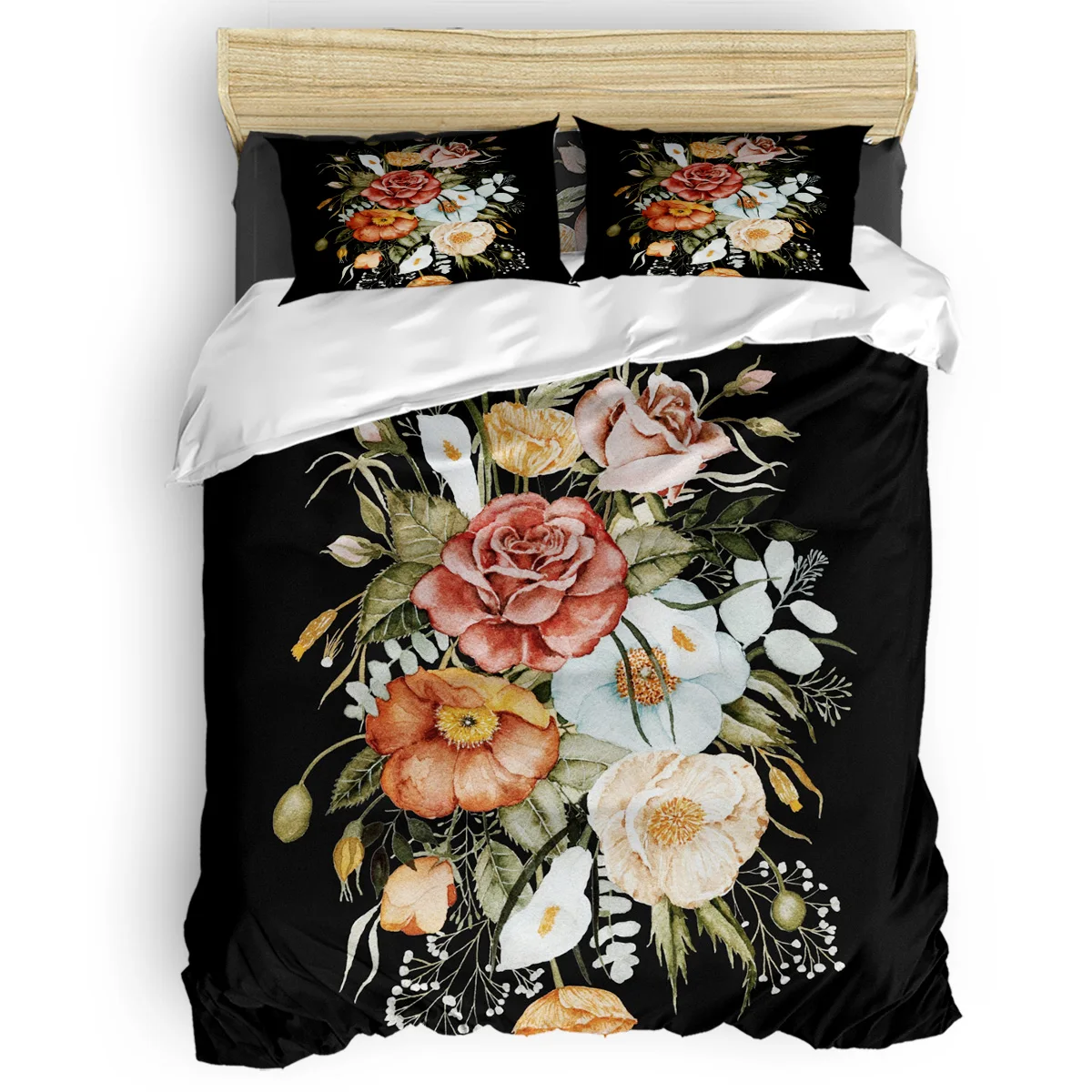 

Roses and Poppies Bouquet on Charcoal Black Duvet Cover Set Collection of 3/4pcs Bedding Set Bed Sheet Pillowcases Cover Set