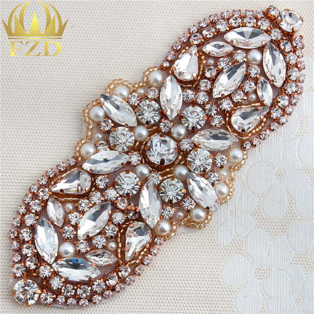 1 Piece Sliver Rhinestones Rose Gold Beaded Appliques Crystal Hot Fix