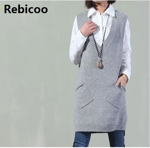 Spring Autumn Vests Waistcoat Sleeveless V -Neck Long Knitted Female Clothing Leisure Sweater Vests One Size Colete Feminino