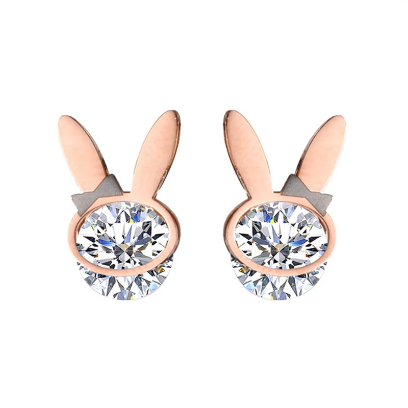 

Cute Rabbit Stud Earring for Women Stainless Steel Rose Gold Earrings with Crystal Collier Femme Jewelry