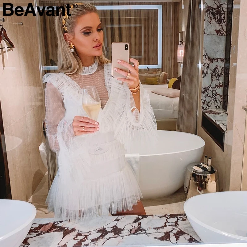 Женское винтажное Сетчатое платье BeAvant белое в горошек с оборками и длинным