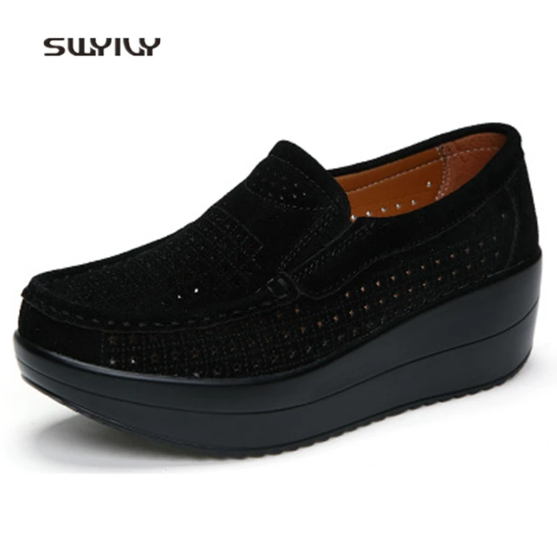 SWYIVY Women Toning Shoes Genuine Leather Thick-sole Breathable Swing Shoes Summer Hollow Big Size 42 Female Slimming