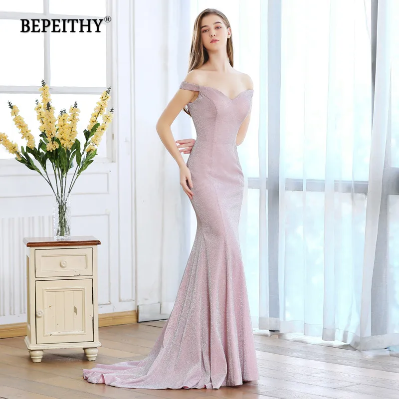 

BEPEITHY Mermaid Off The Shoulder Long Prom Dresses Vestido De Festa Vintage Evening Dress Party Elegant 2020 Glitter Gown
