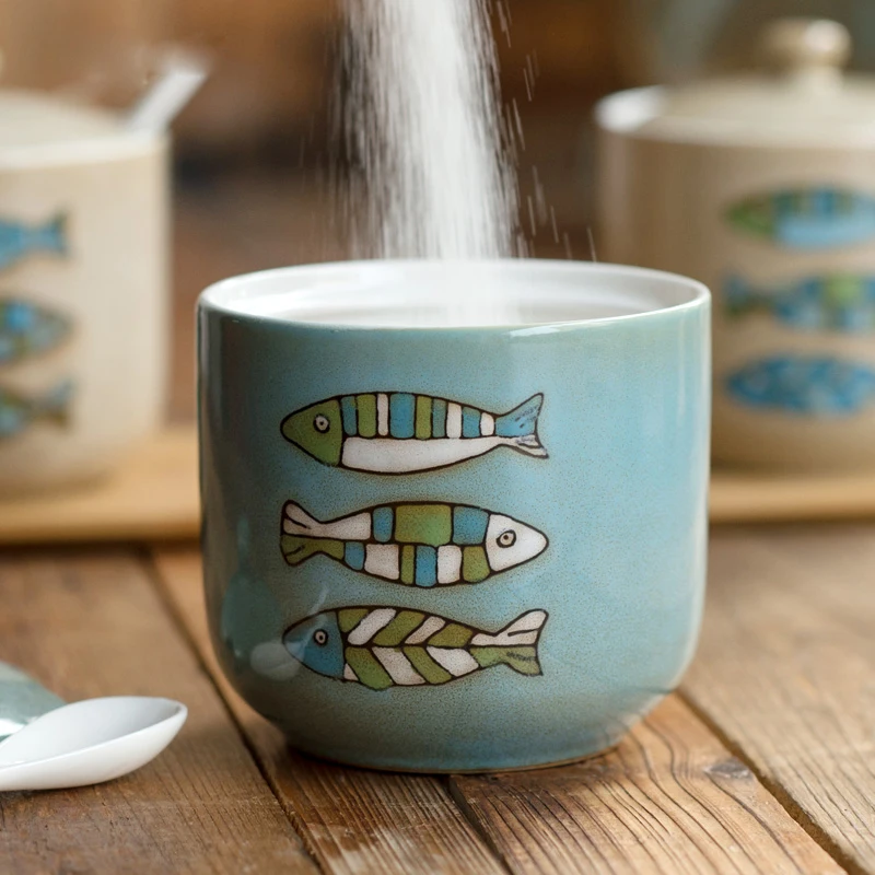 

Saim Ceramic Seasoning Jar Kitchen Storage Tank Seasoning Can Sugar Bowl With Spoon MSG Spice Storage Box Salt Shaker A-265