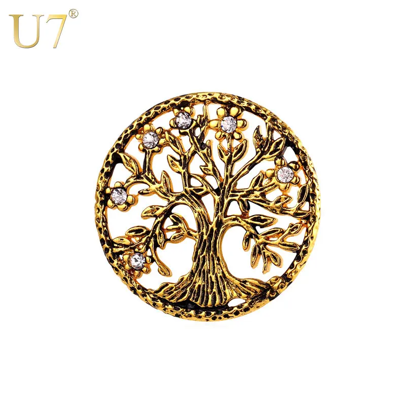 

U7 Brand Tree of Life Brooches Gold Color Stainless Steel Rhinestone Men/Women Lucky Jewelry Round Vintage Pins Broches B117