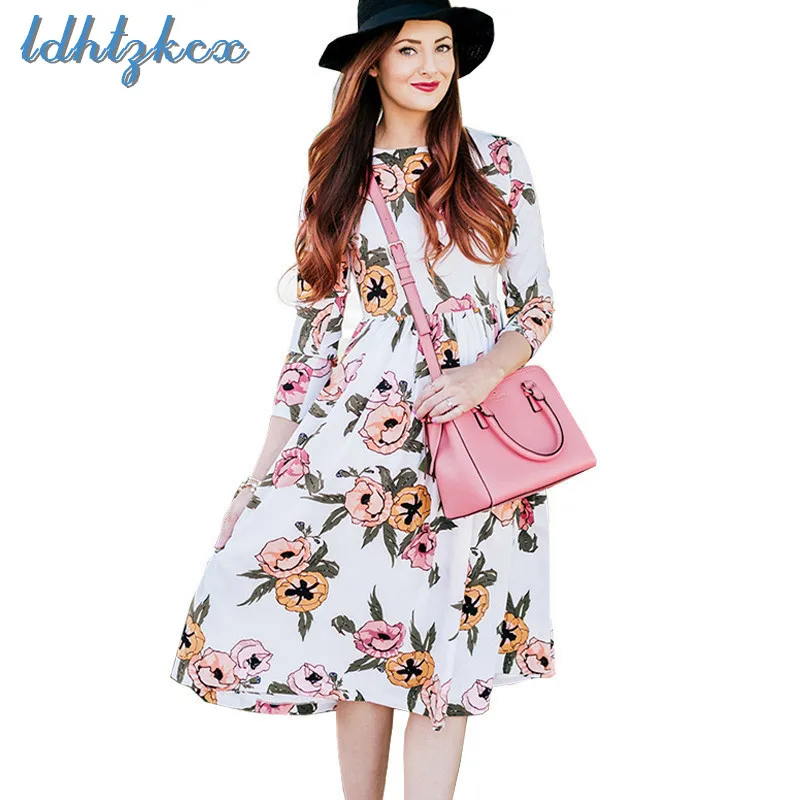 

Floral Print Loose Long-sleeved Knee-Length Dresses Female 2018 Autumn New Fashion Casual Slim Dress White Elegant Dresses LD407