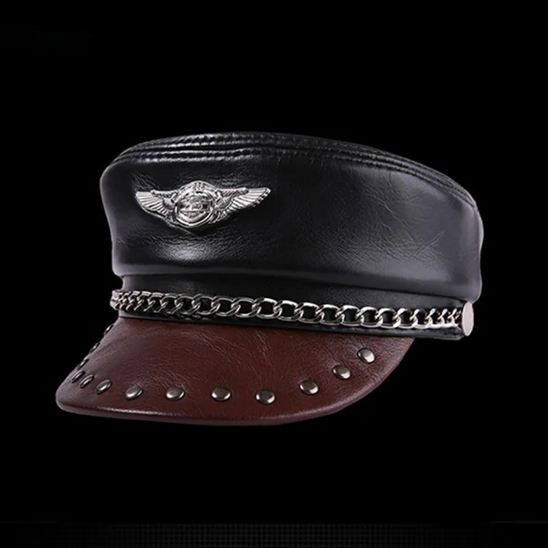 SILOQIN Genuine Leather Hat Elegant Cowhide Military Hats For Men Women Personality Hip-hop Caps Sn