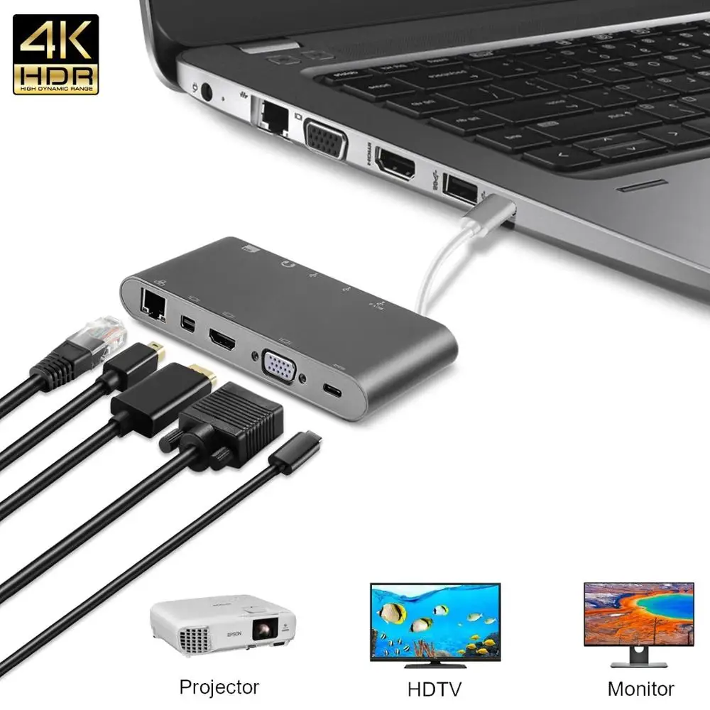 

USB-C/Type C/Thunderbolt 3 to USB 3.0/HDMI 4K/VGA/Mini Display/Ethernet/Stereo/SD Card/Micro SD Card USB-C Adapter