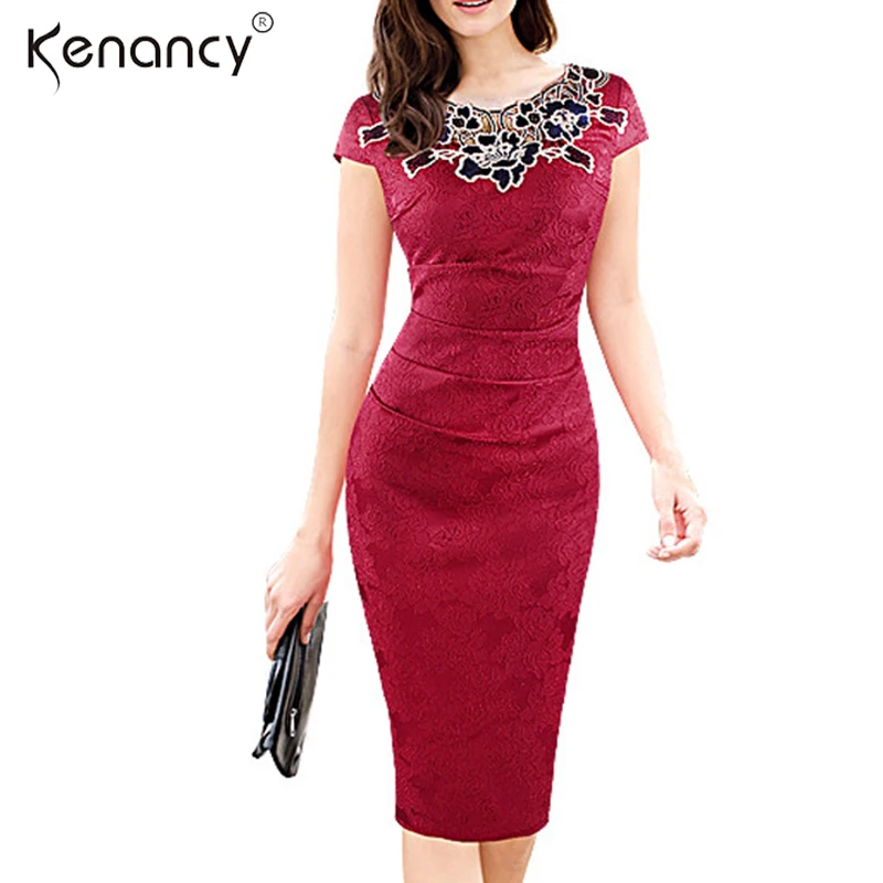 Kenancy 3XL размера плюс 3 цвета элегантное ажурное тонкое платье с вышивкой розы Женское платье с v-образным вырезом сзади из кареточной ткани офисное платье