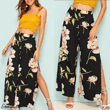 

Boho Women Floral Print High Waist Loose Pants Summer Split Wide Leg Casual Palazzo Long Trouser beach Holiday Trousers