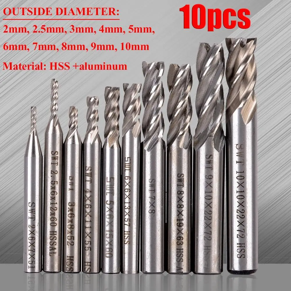 10 шт. 4 флейты прямой хвостовик Концевая мельница набор HSS CNC фреза для дерева