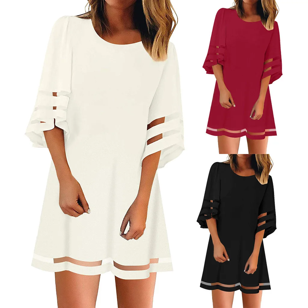 

Feitong Women's Dress O Neck Mesh Panel Blouse 3/4 Bell Sleeve Loose Top Shirt Dress Robe Vintage Causal Women Summer Dress