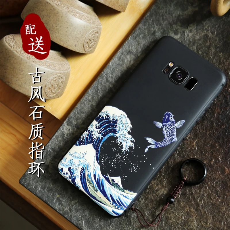

Great Emboss Phone case For samsung galaxy S8 S8 plus . S8PLUS cover Kanagawa Waves Carp Cranes 3D Giant relief case
