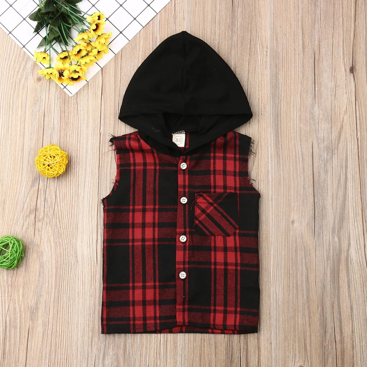 

Pudcoco Toddler Baby Boy Clothes Cotton Plaid Hoodie Sleeveless Tops Casual Sweatshirts