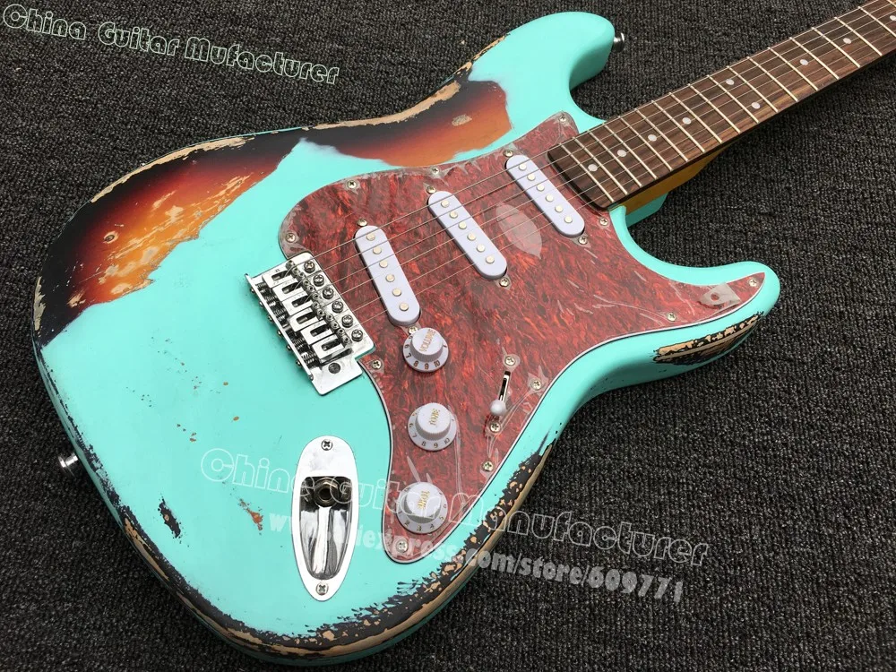 Высокое качество Strat Relic Daphne Blue/sunburst 60 летняя электрогитара тяжелая состаренная
