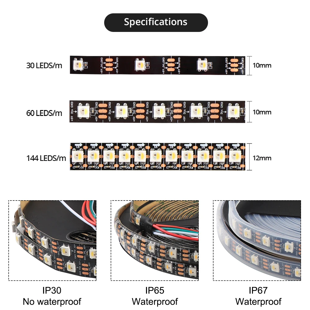 SK6812 IC Светодиодные ленты 5050 RGB/RGBW/RGBWW 30/60/144 светодиодный Пиксели адресуемых Цвет DC5V WS2812B пикселей Светодиодные ленты светильник IP30 IP65 IP67