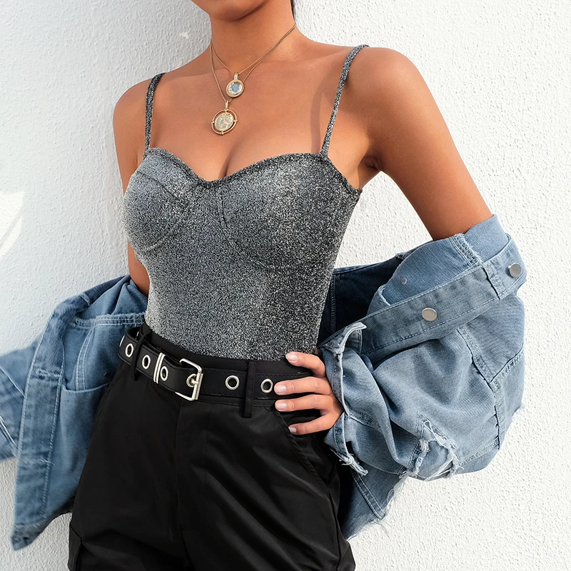 

Summer Sleeveless Bodycon Secret Sheer Open Crotch Bodysuit Spaghetti Strap Backless Slim Glitter Sexy Bodysuit Women Rompers